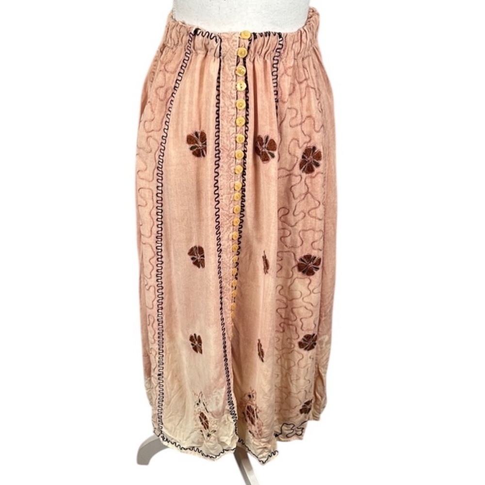 Boho Tan Floral Embroidered Indie Hippie Coachella Festival Maxi Skirt Size M